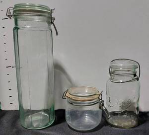 lot 38316 image: Antique Rare Fruit Jar Drey Improved Ever Seal, Jar Le Parfait vintage 0.35 liters and Light Green Glass Canister