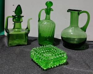 lot 38323 image: Vintage FENTON HOBNAIL GLASS Salt Cellar, Candleholder, votive, Tea Lite (chips in hobnail), 3 miniature clear green hand blown glass jug or pitcher with a handles & 2 with stoppers