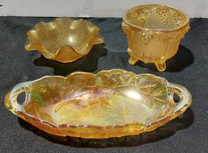 lot 38324 image: VTG Jeanette Harvest Grape Amber Carnival Glass Footed Candy Dish, Light Amber Colored Diamond Cut Ruffle Bowl - Possibly Indiana Glass, Amber Carnival Glass Relish Dish, and Indiana Glass, 1960-1970, Pattern Lily Pons,Vintage