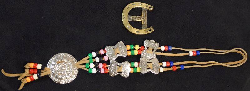 lot 8064 image: Lucky Horseshoe Belt Buckle and Indian-Style beaded leather necklace
