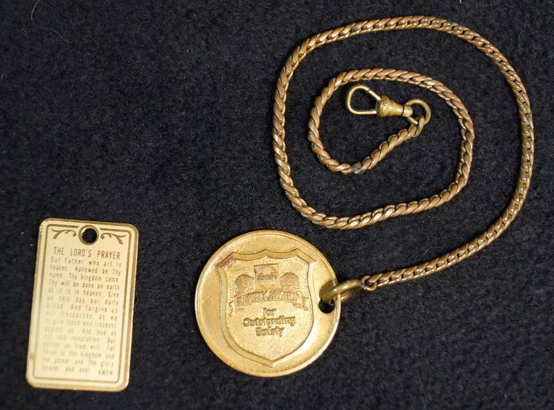 lot 8067 image: Santa Fe Railroad POCKET WATCH CHAIN  FOB & Lords prayer pendant