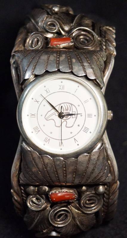lot 8079 image: MENS WATCH - BEAR CLAW and Turquoise (red and blue) - STERLING SILVER - VERY HEAVY - MUST SEE