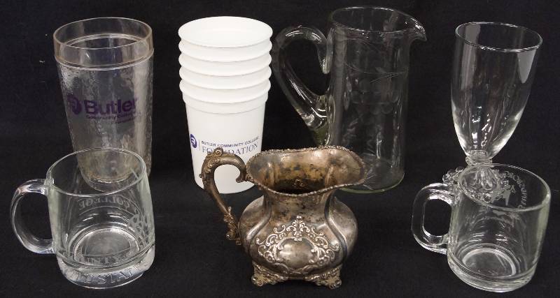 lot 8119 image: Lot of Glassware, Butler County Community College Cups and Vintage Metal Creamer Container