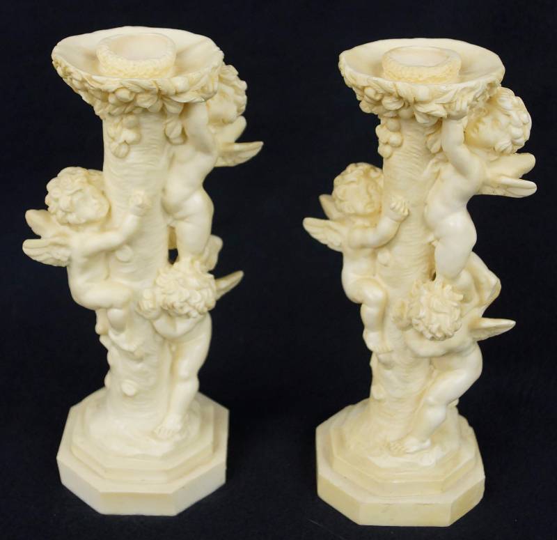 lot 8032 image: Cherub Angel Candle Sticks - bone colored - approx 8 tall - set of 2