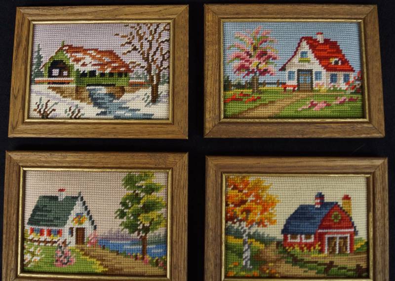 lot 8033 image: Four Seasons Cottage - Framed Needle Point
