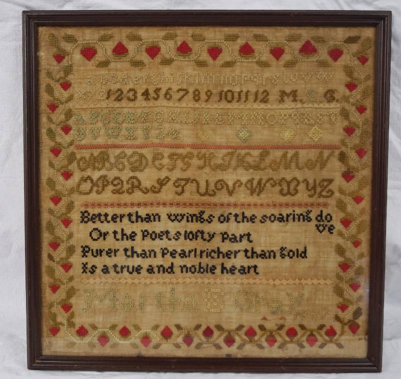 lot 8038 image: Vintage 1847 - Needle Point  Cross Stitch Sampler - Framed - Silk and wool on canvas