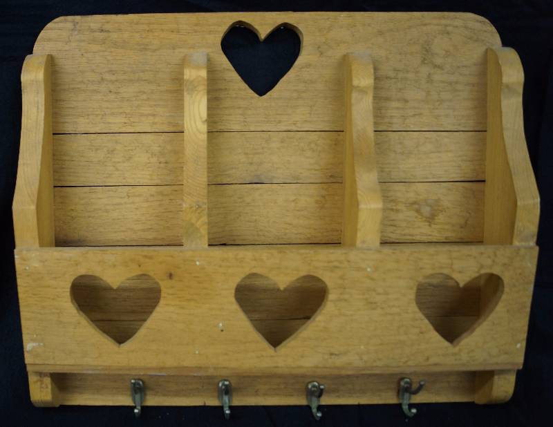lot 8051 image: Hanging Mail Organizer  Key hooks - Cute Wooden Hearts - Great as it is or customize it to your own style