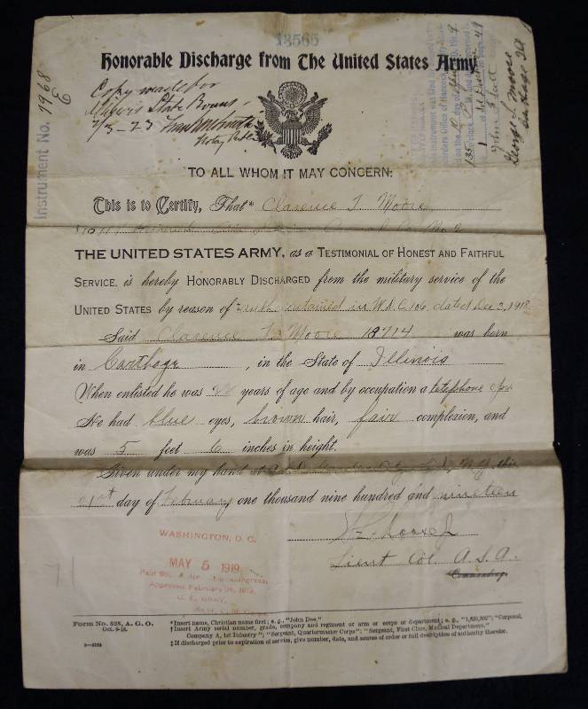 lot 8054 image: Vintage Historical Paper - United States Army - Honorable Discharge Dated May 5, 1919