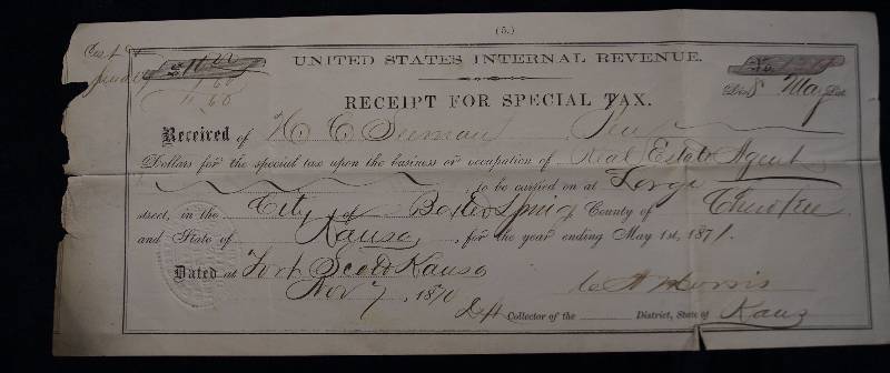 lot 8055 image: Historical Tax Documents Dated 1870 - United States Internal Revenue - IRS - BLANK UNUSED TAX RETURN & Receipt - Special Tax