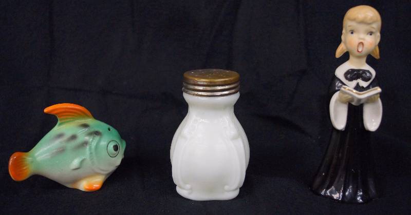 lot 8159 image: Misc, Glass and Ceramics Lot - Cool Fish, Milk Glass Salt Shaker - Choir Girl