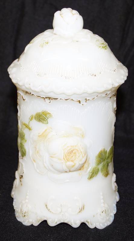 lot 8160 image: Floral Milk Glass Jar painted with lid - VERY PRETTY