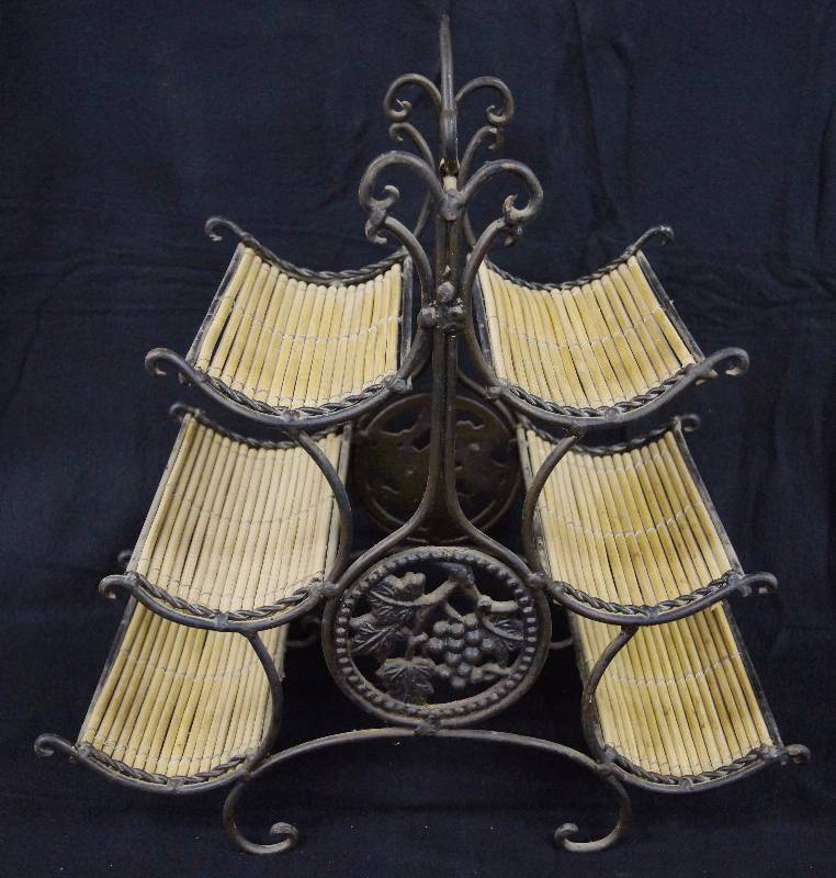 lot 8200 image: Cast Iron and Bamboo Wine Rack - NICE Holds 6 bottles