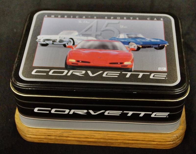 lot 8202 image: CORVETTE Trinket  Jewelry Music Box on Wood Base - Plays Unchained Melody - Great Condition