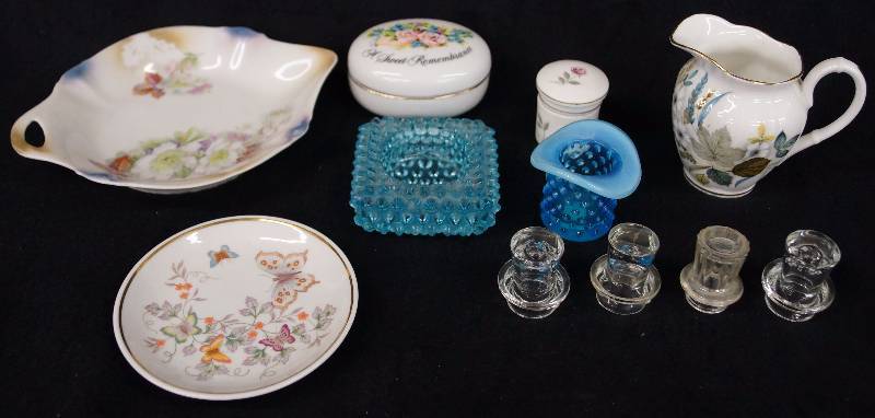 lot 8209 image: Lot of Porcelain and Glass Pretties Hobnail Blue Glass pieces - Glass Stoppers and MORE