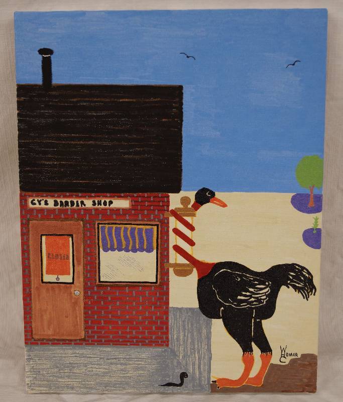 lot 8211 image: Painting by WC Homer - 1995 TOO CURIOUS - THE REDNECK OSTRICH Acrylic on Canvas