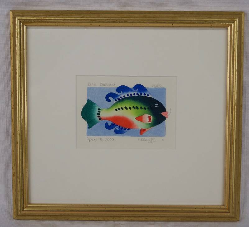 lot 8232 image: Framed Water Color Painting of a Fish - 13 Degree C Overcast, Calm - April 15, 2003 - Signed