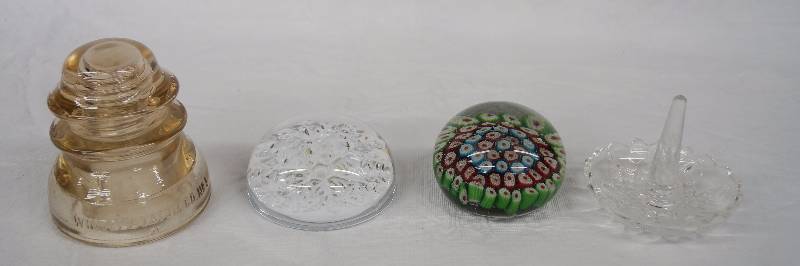 lot 8241 image: Old Glass Insulator - Glass Ring Tray - 2 Glass Paper Weights