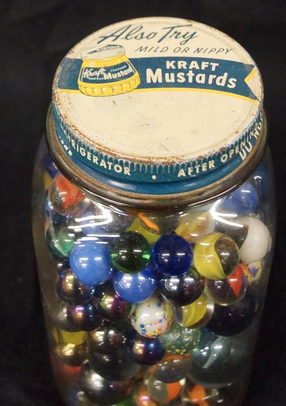 lot 8248 image: Vintage Kraft Mustard Glass Jar full of Marbles
