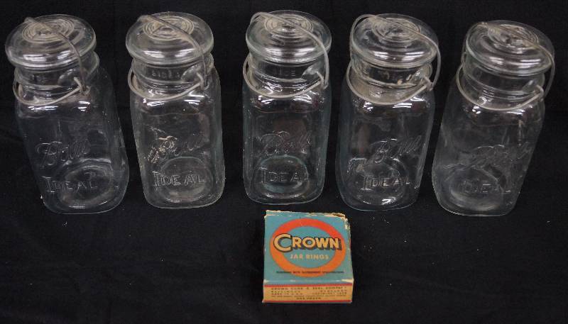 lot 8258 image: 5 Old BALL Ideal Locking Jars with Crown Jar Rings