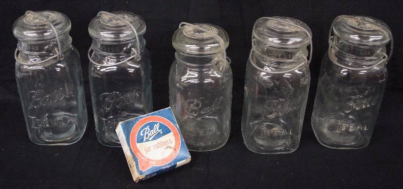 lot 8259 image: 5 Old BALL Ideal Locking Jars with Crown Jar Rings