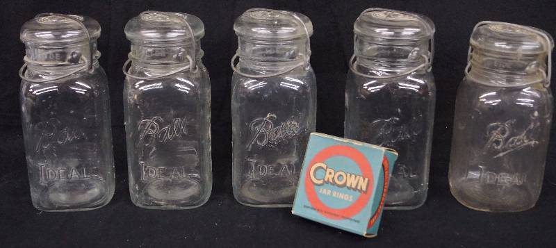 lot 8260 image: 5 Old BALL Ideal Locking Jars with Crown Jar Rings