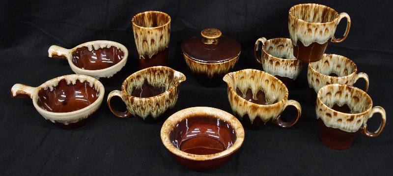 lot 8274 image: Beautiful Dishes Set - Brown with clay glaze Made in USA - cups, plates, bowls with handles etc. See photo for details