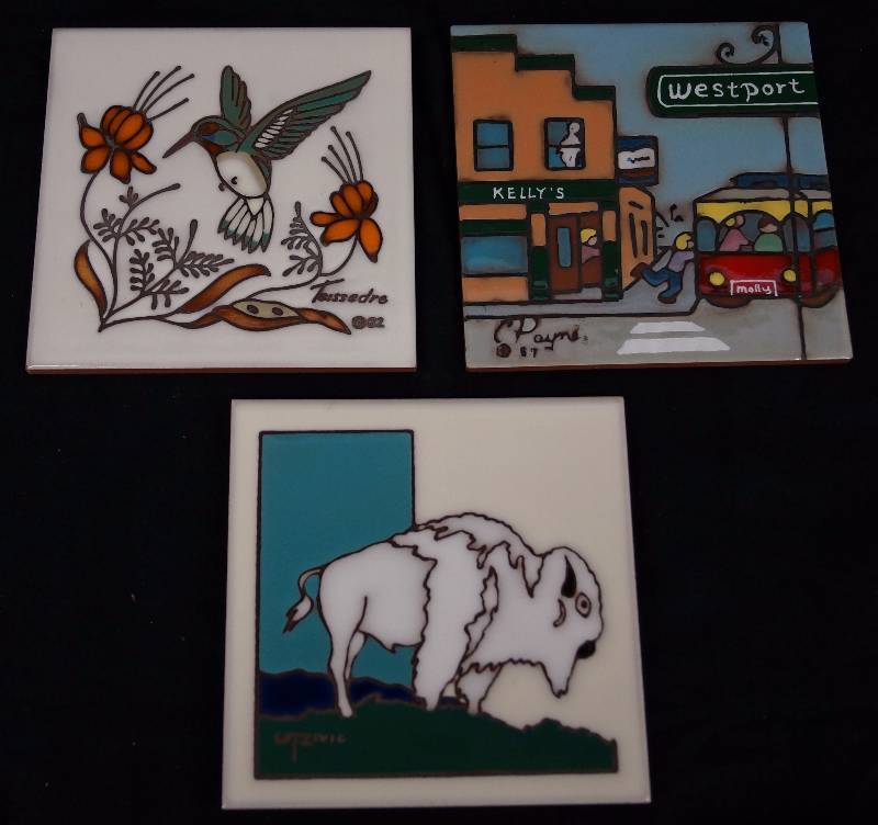 lot 8276 image: Lot of 3 Decorative Terra Cotta Tiles  Trivets  Wall Decor - Teissedre, Paynne and Wtzivic - Must see