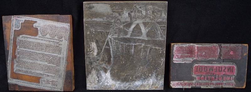 lot 8277 image: Lot of 3 Vintage Newspaper Printing Blocks - Hot Metal Type on wood blocks - Highly Collectible