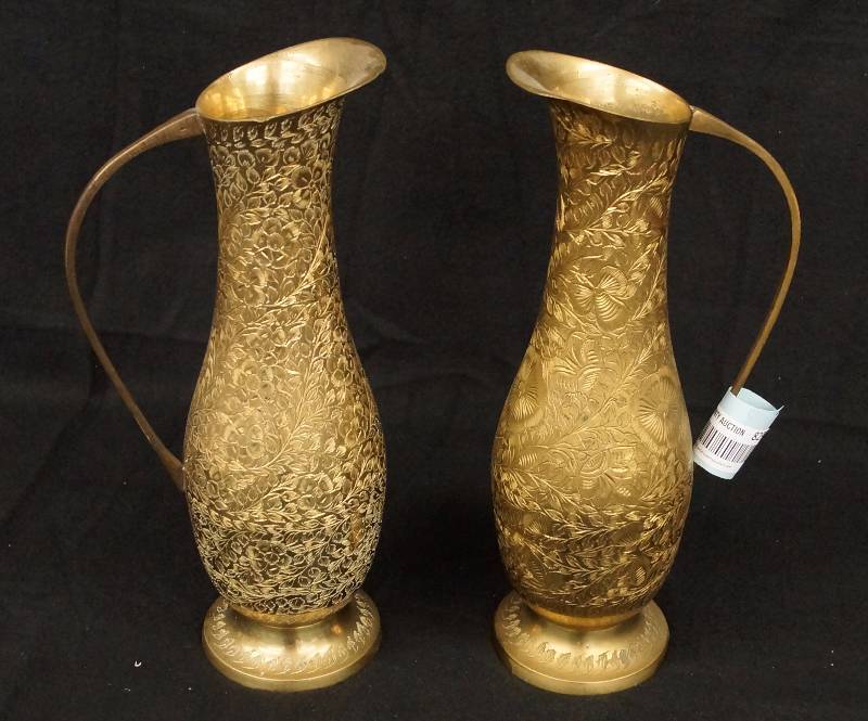 lot 8294 image: Pair of Ornate Brass Pitchers
