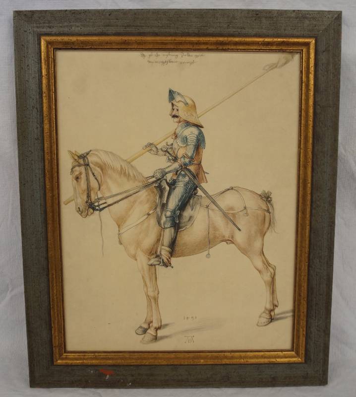 lot 8307 image: Soldier on Horseback pen & water-color print by Albrecht Durer circa 1498 German artist 1471 - 1528