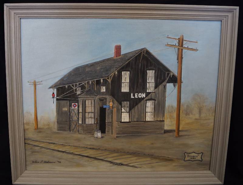 lot 8312 image: Oil Painting Frisco 1880 - HISTORIC RAILROAD STATION - Artist Helen L. Holman 1976 - LEON, BUTLER COUNTY, KANSAS