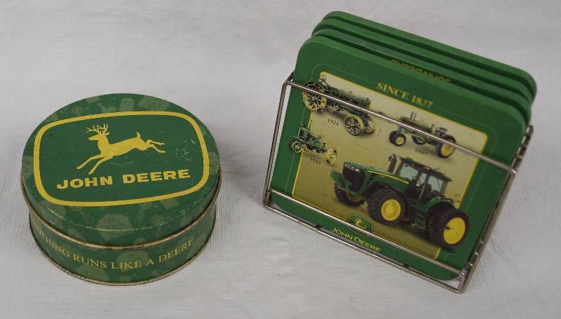 lot 8318 image: 2 JOHN DEERE Coaster Sets with Holder and Collectible Tin