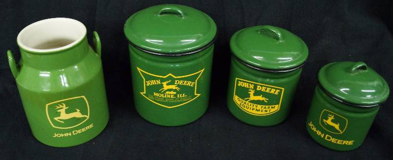 lot 8319 image: JOHN DEERE - 3 Green Enameled Canister Set & John Deere Ceramic Jug