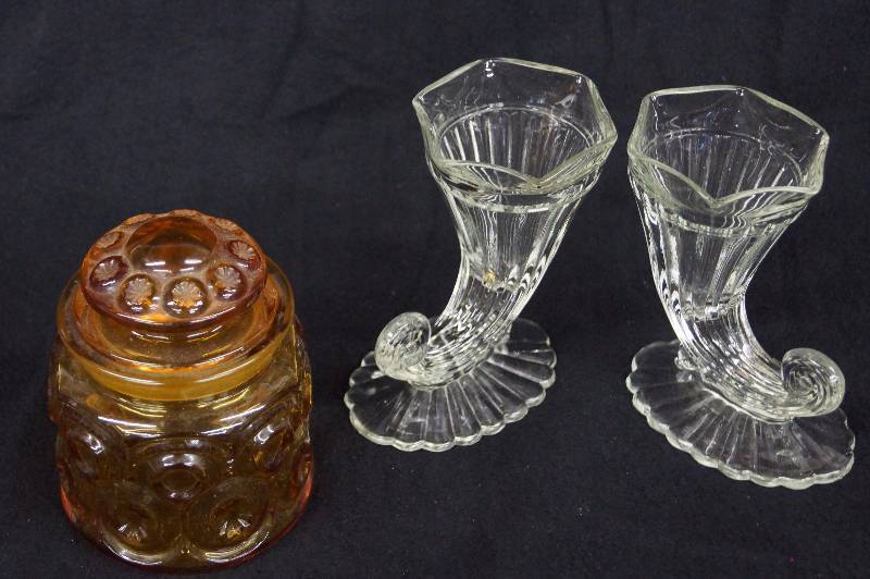 lot 8324 image: Vintage Amber Glass Moon and Stars Jar Canister L.E. Smith & 2 Vintage Jeannette Clear Glass Cornucopia Vase Depression Glass Horn of Plenty