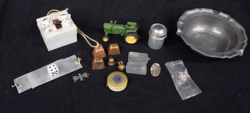 lot 8328 image: Huge Misc LOT - John Deere Tractor - 2 Wards Metal Auto Club Tags - Bells and Misc Items Bid - Bid - Bid