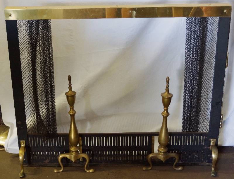 lot 8366 image: Chain Mesh Draw String Fireplace Curtains with 2 Brass Andirons