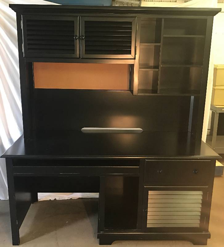 lot 8396 image: Computer Desk with Hutch BLACK - SOLID WOOD Very HIGH-END Furniture - MUST SEE