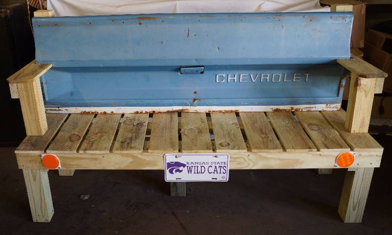 lot 08369 image: Custom Patio FULL SIZE CHEVY TAILGATE Garden Bench  MUST SEE uses a real tailgate kstate wildcats tag