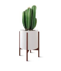 lot 3755 image: OMYSA Planter with Stand - Mid Century Plant Pot with Stand, 10 inch Pot, with Drainage, White, NEW