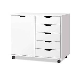 lot 3762 image: DEVAISE 5-Drawer Wood Dresser Chest with Door, Mobile Storage Cabinet, Printer Stand for Home Office, WHITE in Color, NEW