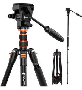 lot 3763 image: GEEKOTO Video Tripod Fluid Head, Professional Camera Tripod for DSLR, Monopod Aluminum 77 for Video Camcorder Canon Nikon Sony with 14 Screws, WITH Carrying Case, missing knob see details, NEW