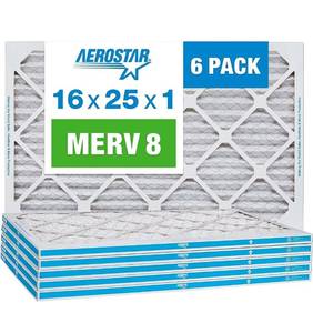 lot 3773 image: Pack of Six Aerostar 16x25x1 MERV 8 Pleated Air Filter, AC Furnace Air Filter, Actual Size 15 34x 24 34 x 34, White, NEW