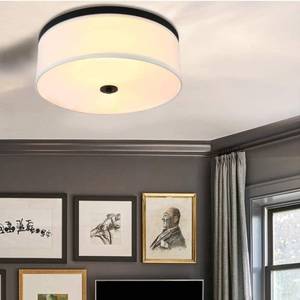 lot 3781 image: Permo Mid Century Modern Semi-Flush Mount Ceiling Light Fixture with Big Size 19.7 White Textile Fabric Drum Shade, Black in Color, has a couple cracks, see all photos, Retails --$200