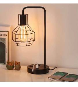 lot 3790 image: HAITRAL USB Modern Table Lamp with Outlet, Industrial Farmhouse Bedside Desk Lamp for Bedroom, Office, Living Room, Black (Without Bulb)