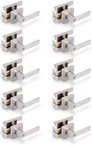 lot 3793 image: Gobrico 10 Pack Square Satin Nickel Privacy Door Locksets,Interior Door Levers for BedBath,Thumb-Turn Button Inside,Used on LeftRight-Handed Doors Retails $208