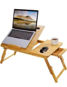 lot 3796 image: Lap Desk, DELAM Bamboo Laptop Bed Desk, Adjustable Portable Breakfast Serving Bed Tray Table with Tilting Top Storage Drawer for Home Office Bedroom Reading Writing Eating