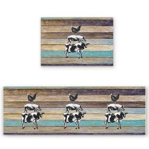 lot 3813 image: Z&L Home Kitchen Rugs Set 2 Pieces Floor Mats Non-Slip Rubber Backing Area Runners Farm Animals Cow Pig Chicken