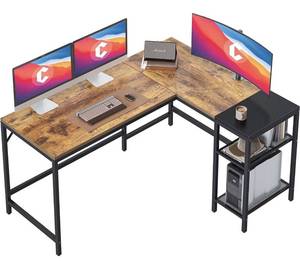 lot 3823 image: CubiCubi L Shape Computer Desk with Storage Shelf Study Writing Table for Home Office, Modern Simple Style PC Desk, Black Metal Frame