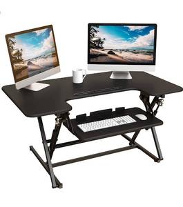 lot 3844 image: Lubvlook Standing Desk Converter, 42 x 24 Inches Height Adjustable Sit Stand Desk Riser for Dual Monitors with Keyboard Tray, Black, NEW, RETAILS-- $200