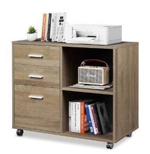 lot 3846 image: DEVAISE 3-Drawer Wood File Cabinet, Mobile Lateral Filing Cabinet, Printer Stand with Open Storage Shelves for Home Office, Gray Oak in Color, Appears NEW, Cool Color
